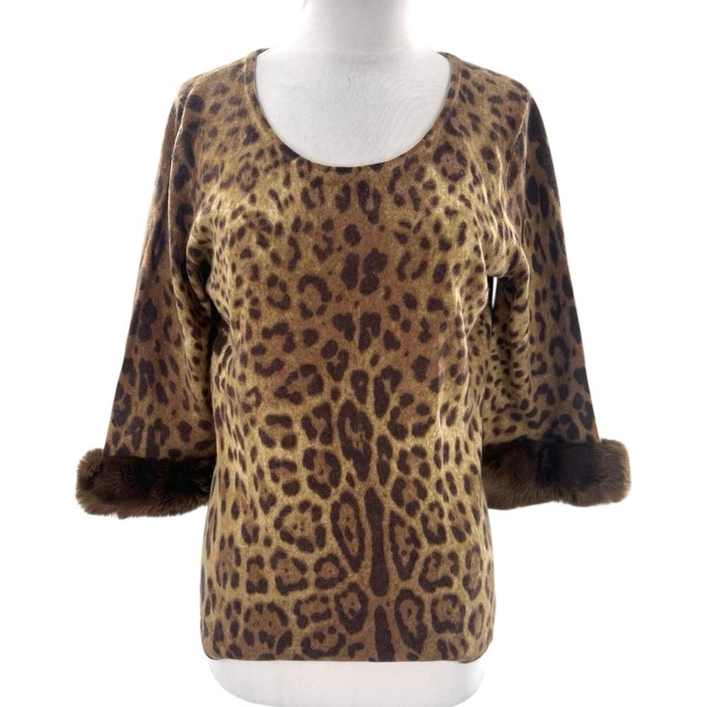 Neiman Marcus collection‎ cashmere fur trim leopard sweater sz L